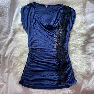 Y2K Blue Ruched Lace and Rhinestone Embellished Sleeveless Top